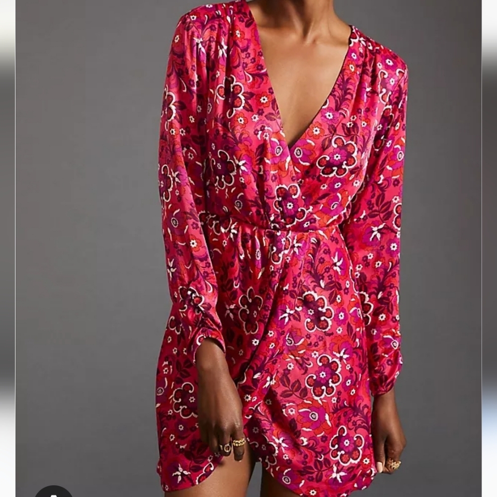 NWT Maeve Satin Long Sleeve Wrap Mini Dress Size XS Pink Combo Paisley Print